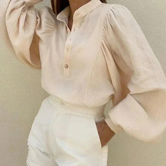 Apricot Casual Women's Solid Color Lantern Sleeve Loose Shirt - Picture 4 of 4